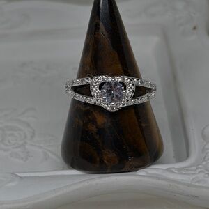 Sterling Silver Ring w/ Round CZ Center Stone and Pave’ Heart Halo Band